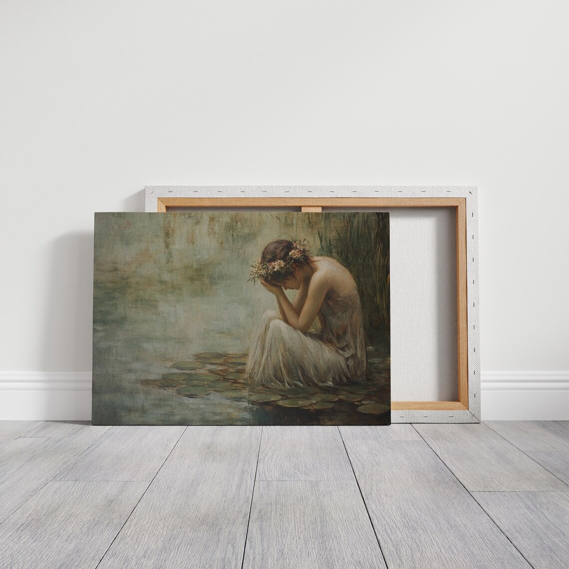 Melancholic Woman with Flower Crown Sitting Among Lily Pads Poster - Image 3