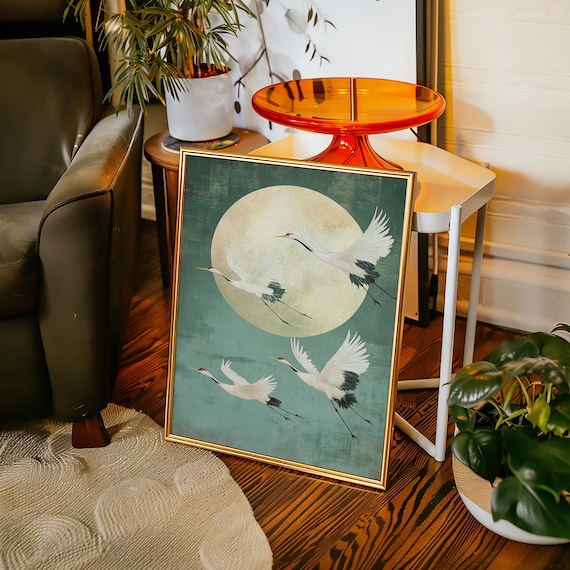 Japanese Crane Wall Art, Full Moon Teal Print