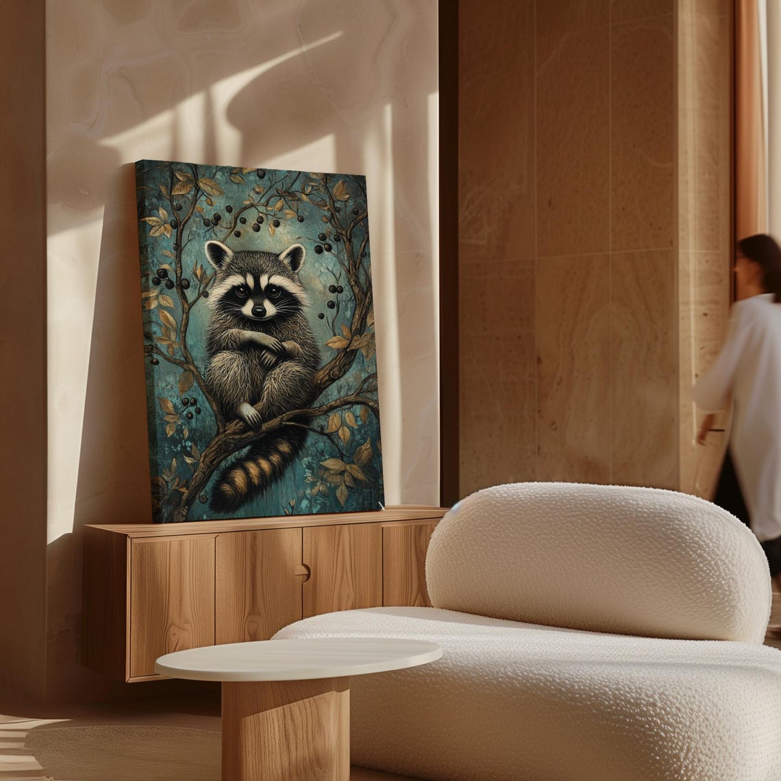 Raccoon Sitting on Branch With Berries Turquoise Wildlife Poster - Image 6