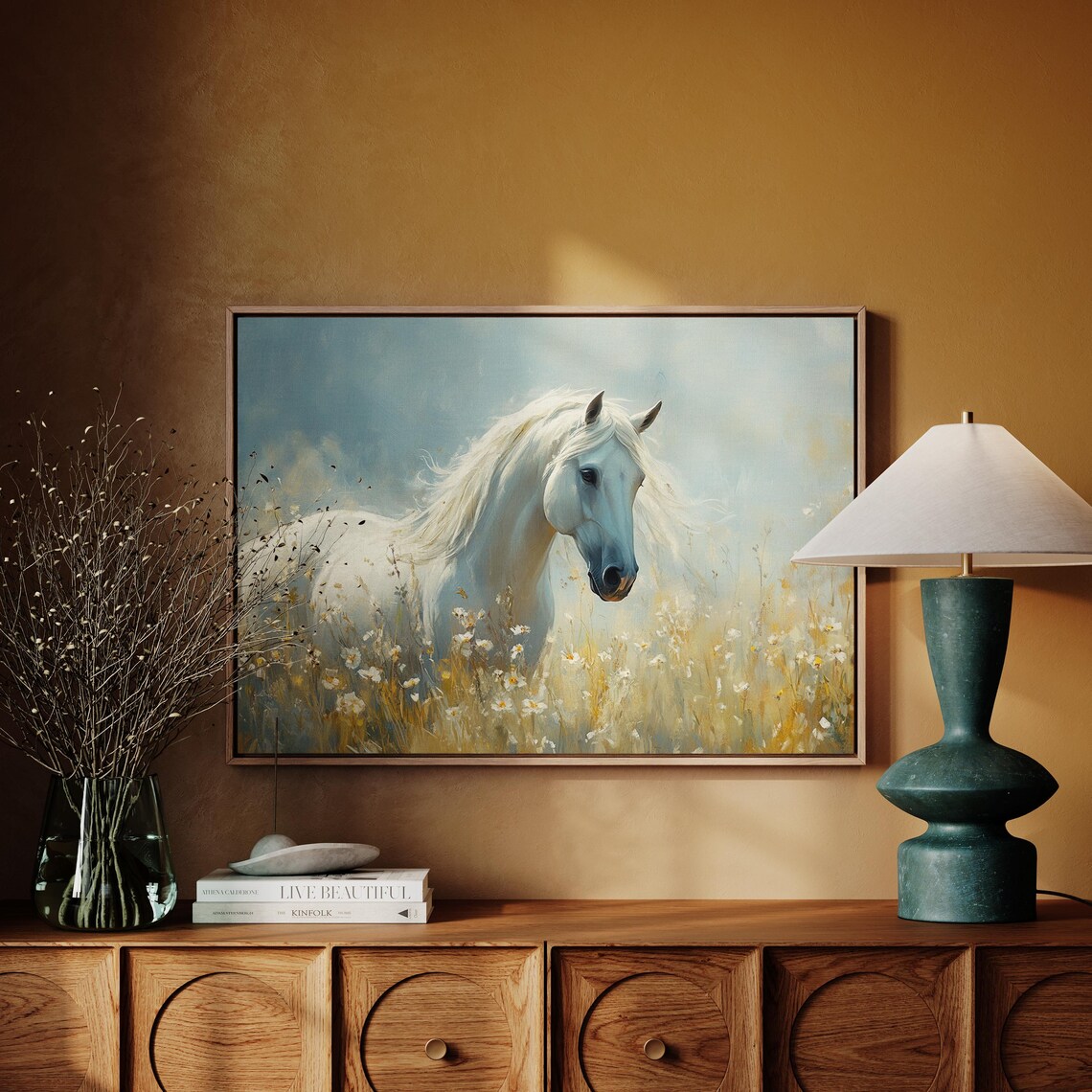 Elegant White Horse In Wildflower Meadow Art Print - Image 3