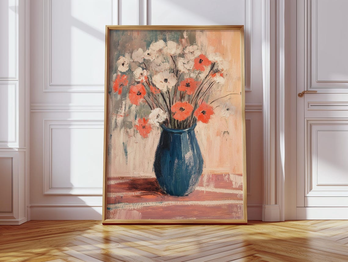 Red Poppies in Blue Vase Impressionist Floral Still Life Poster - Image 4