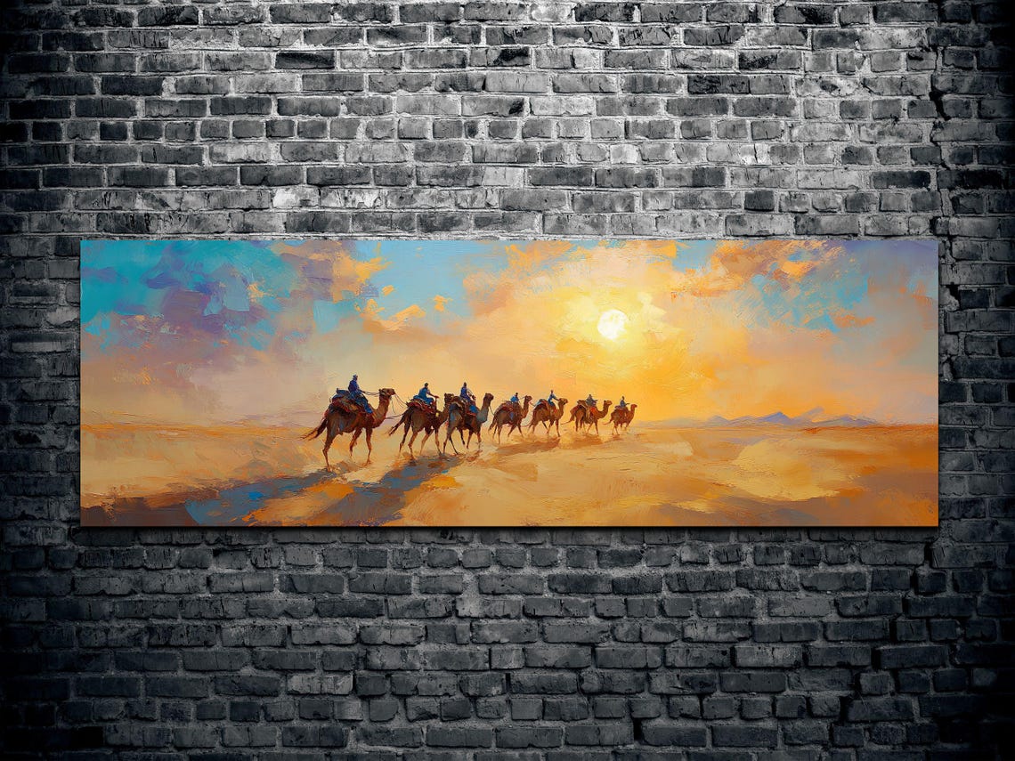 Sunset Desert Camel Caravan Line Mountain Horizon Panoramic Poster - Image 2