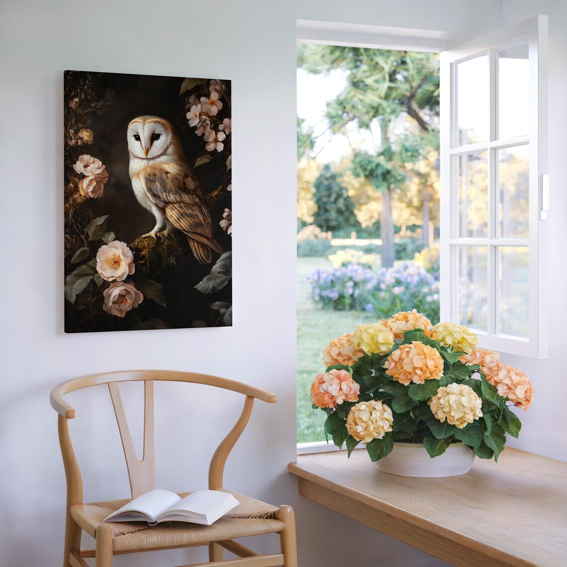 Barn Owl Perched on Mossy Branch Dark Floral Wildlife Art Poster - Image 6