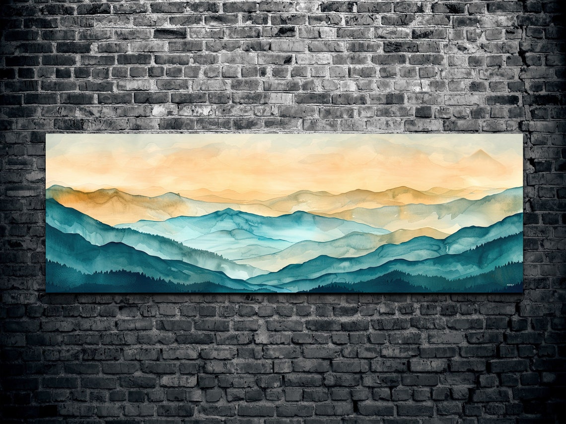 Misty Blue Mountains Watercolor Soft Sunrise Peaks Panoramic Wall Art - Image 2