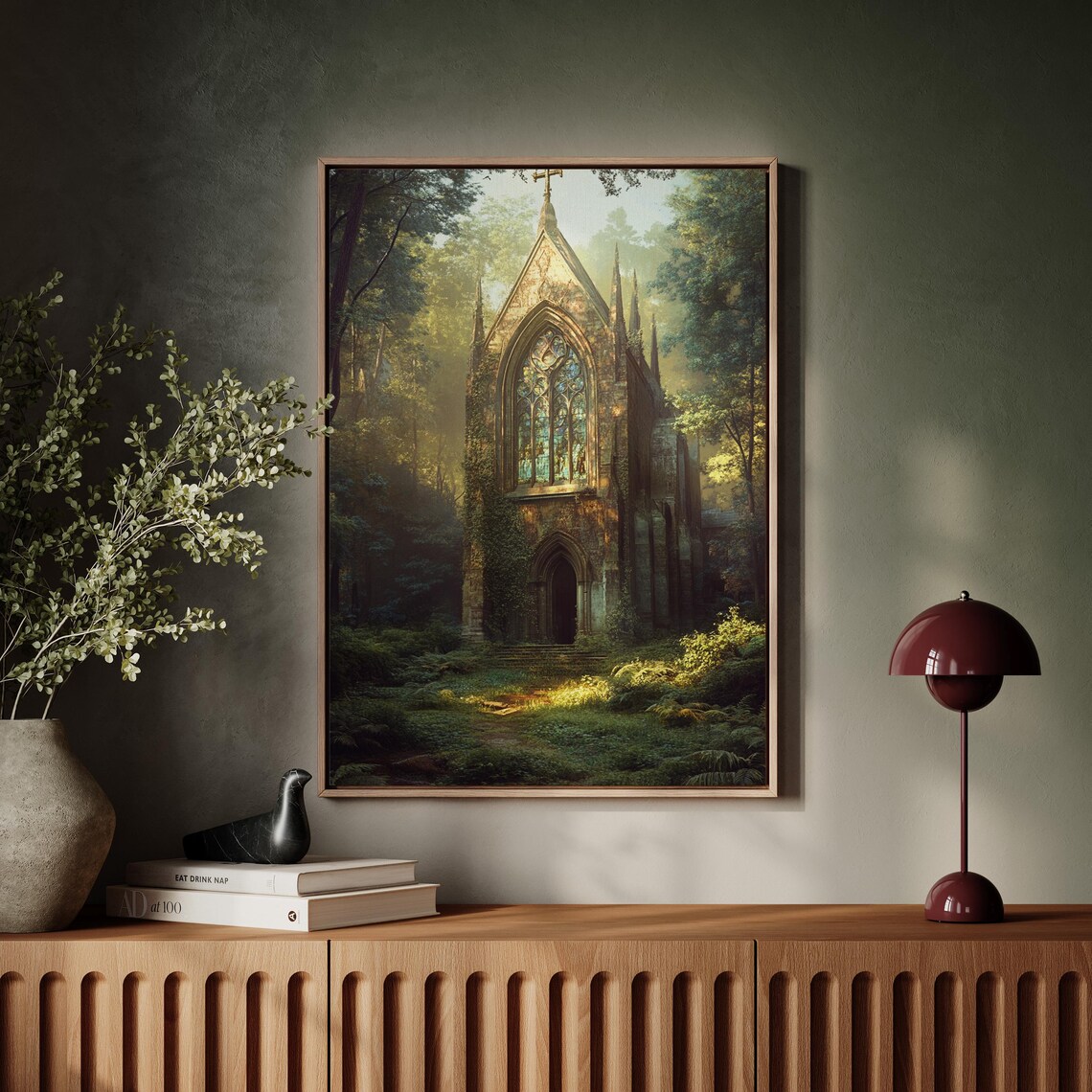 Abandoned Gothic Church, Sunlit Forest Art Print - Image 2