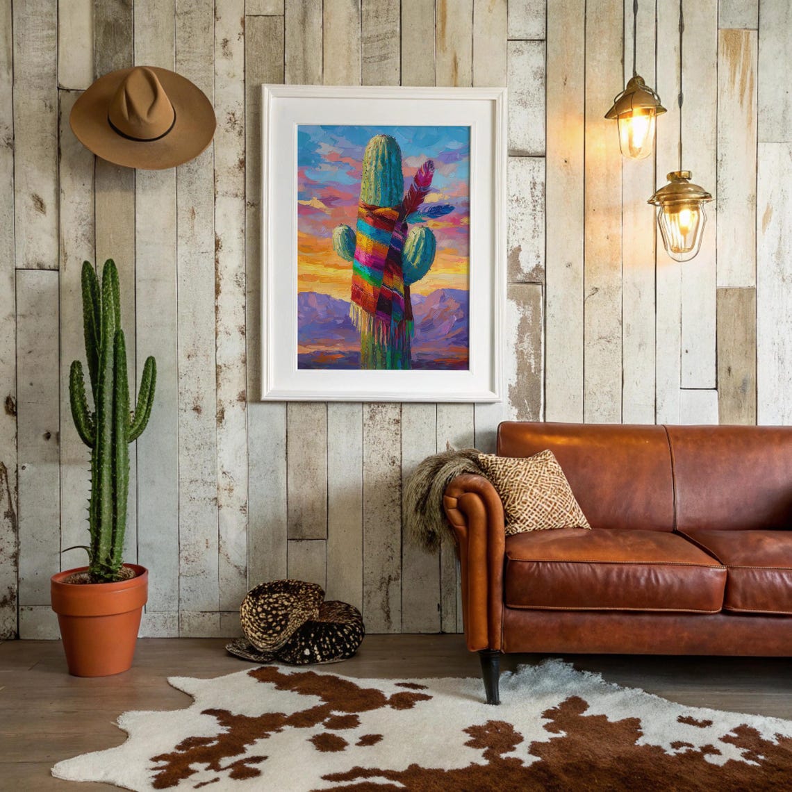 Colorful Cactus With Serape Blanket Desert Sunset Western Art Poster