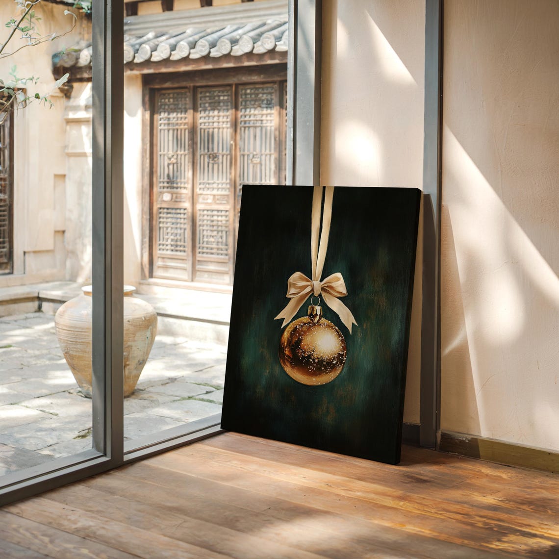 Gold Christmas Bauble With Cream Bow on Dark Green Wall Poster - Image 6