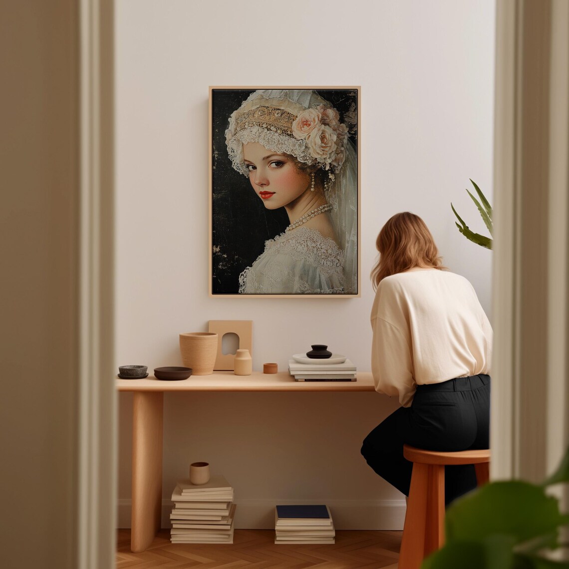 Victorian Lady in Lace Veil with Roses Romantic Oil Portrait Print - Image 4