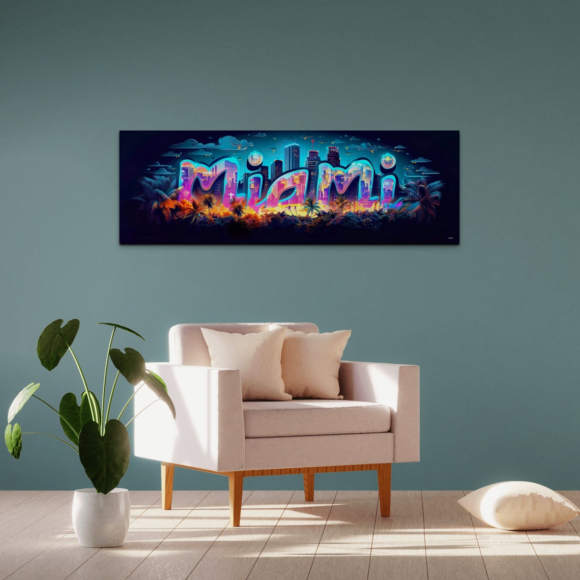 Miami Neon Lettering Night Skyline Panoramic City Glow Poster - Image 3