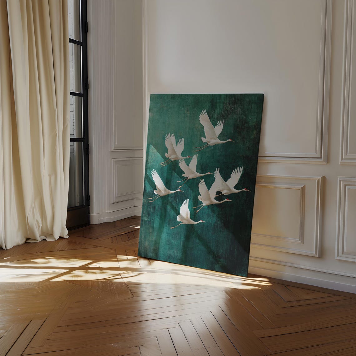 Seven White Cranes In Flight Teal Green Minimalist Bird Poster - Image 4