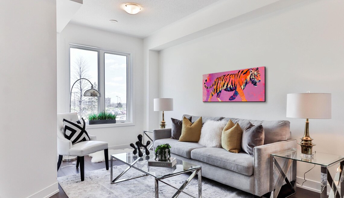 Bold Orange Tiger Pink Pop Art Panoramic Wildlife Painting Poster - Image 4