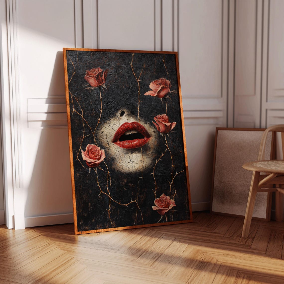Red Lips With Roses And Thorns On Cracked Face Dark Romantic Poster