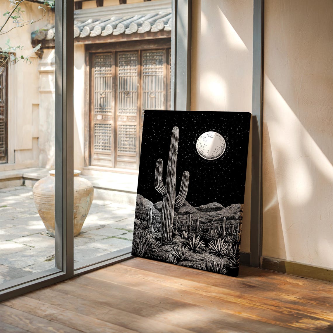 Saguaro Cactus Under Full Moon Starry Desert Night Art Poster - Image 3