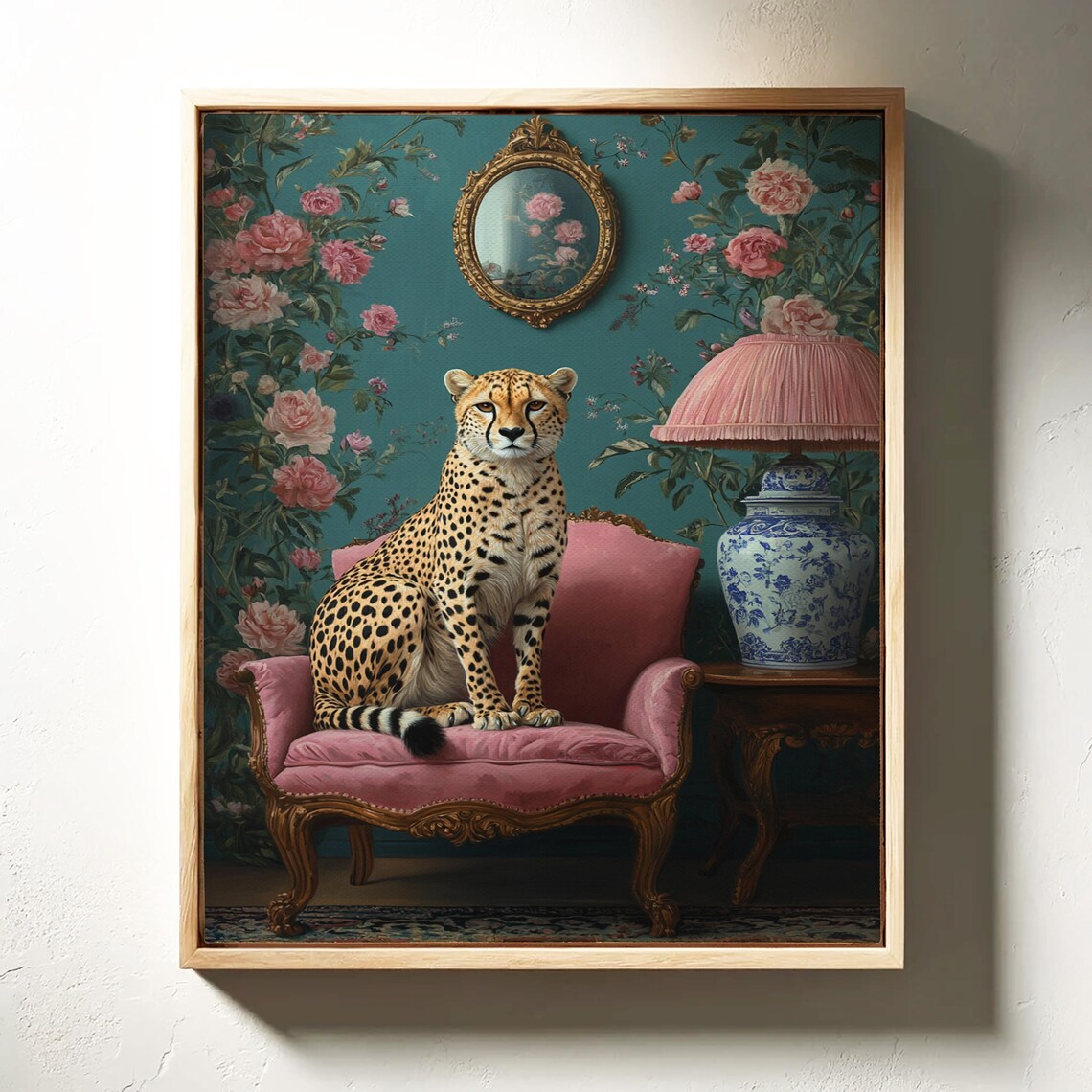 Elegant Cheetah On Pink Chair, Vintage Inspired Floral Room