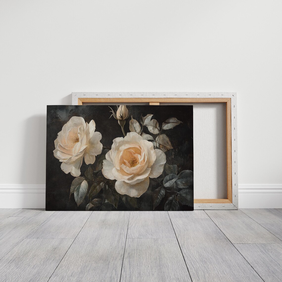 Cream Roses On Dark Background Romantic Vintage Oil Floral Poster - Image 3