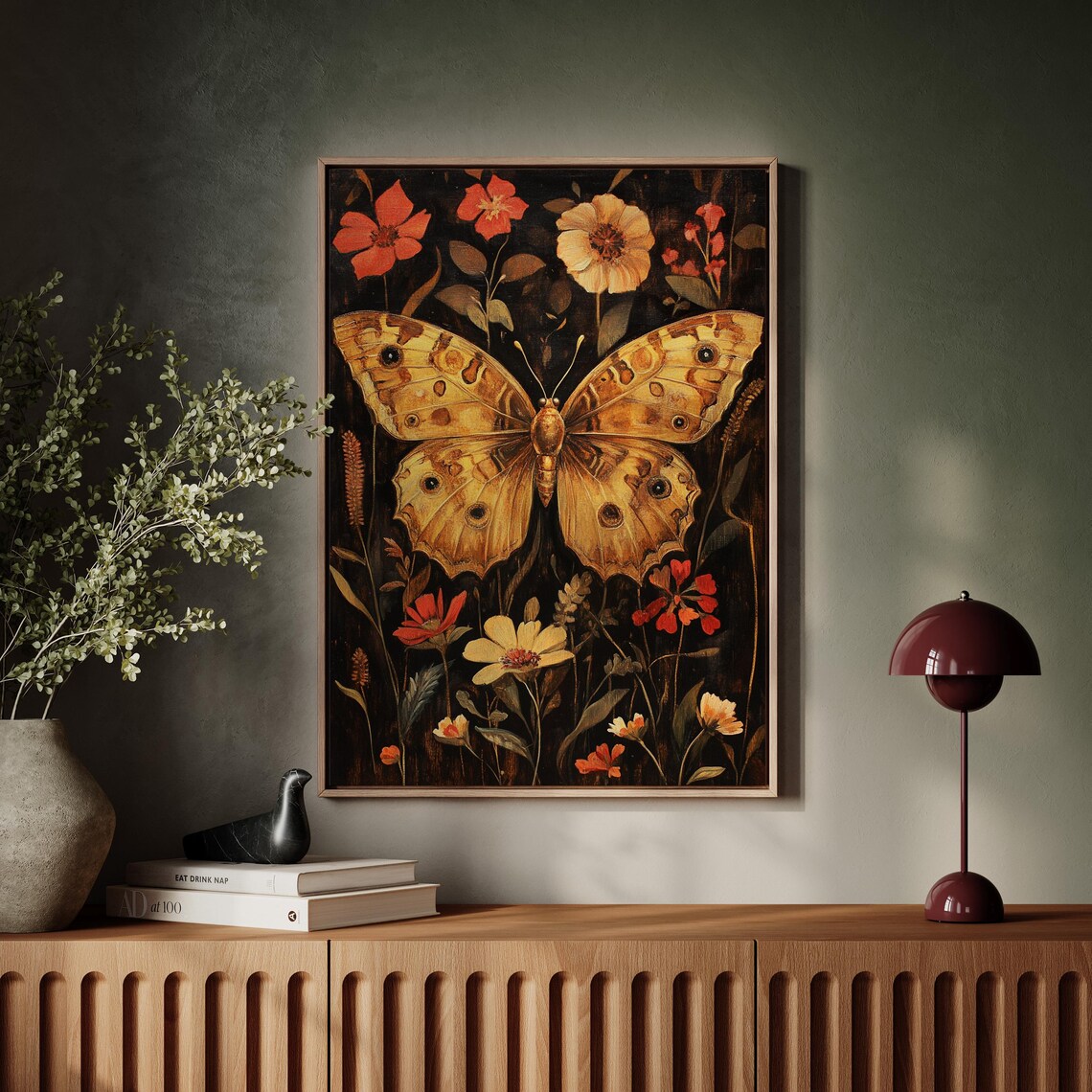 Vintage Golden Butterfly With Red Wildflowers Dark Floral Poster - Image 5