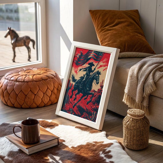 Western Cowboy Riding With Flag Art