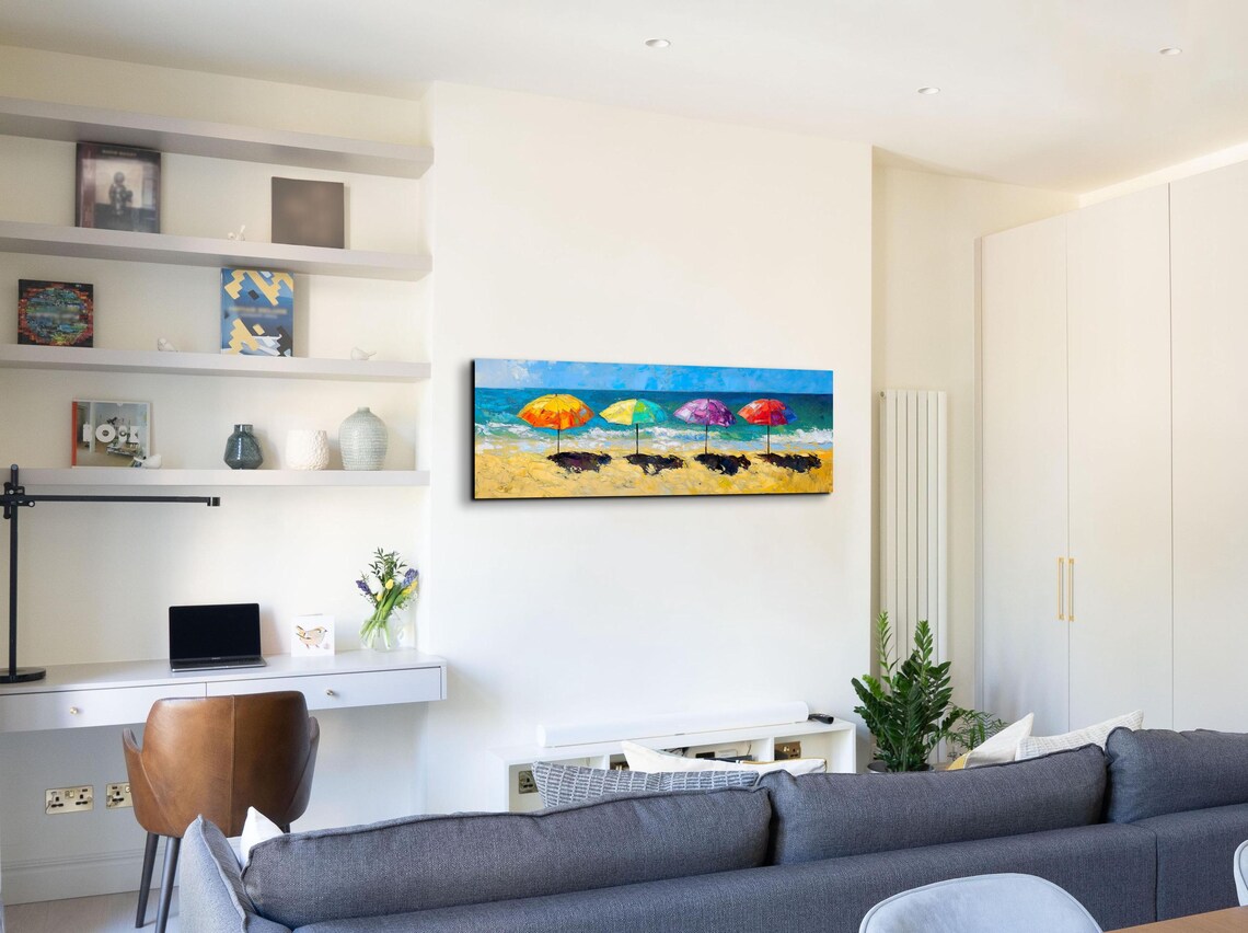 Beach Parasols Oil Painting, Panoramic Art Print - Image 4