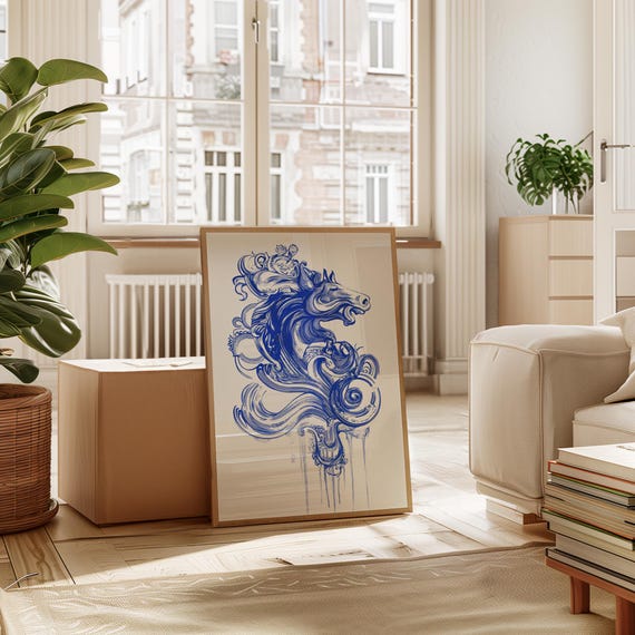 Abstract Horse Illustration Bold Blue Modern Wall Art