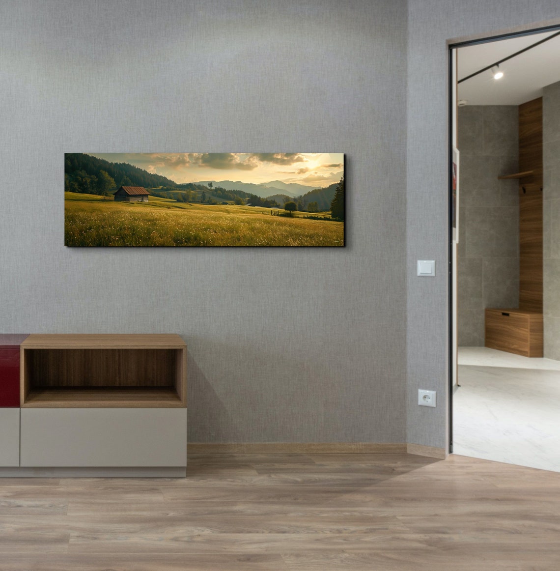 Golden Field with a Wooden Cabin Beneath Mountain Sunset Poster - Image 5