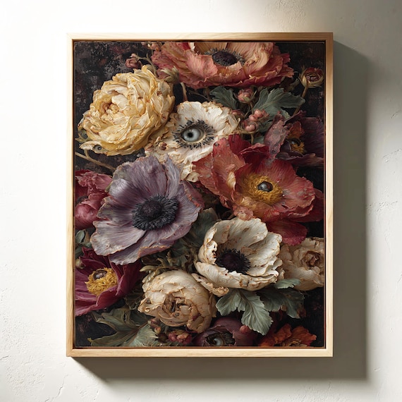 Baroque Anemone Bouquet with Hidden Eyes Moody Floral Art Poster