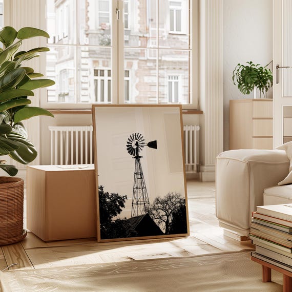 Black And White Windmill Farmhouse Print