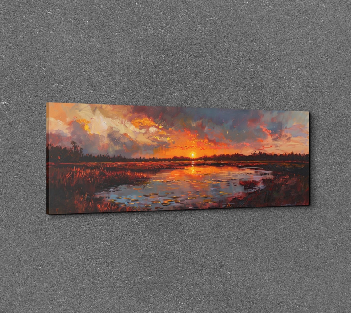 Dramatic Fiery Orange Sunset Over a Wetland with Lily Pads Poster - Image 3
