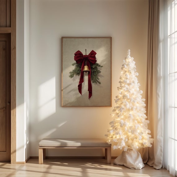 Christmas Bell With Red Velvet Bow And Evergreen Vintage Art Print