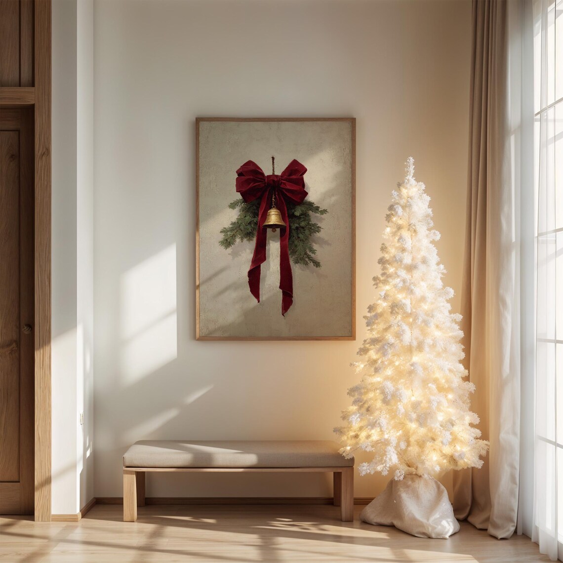 Christmas Bell With Red Velvet Bow And Evergreen Vintage Art Print