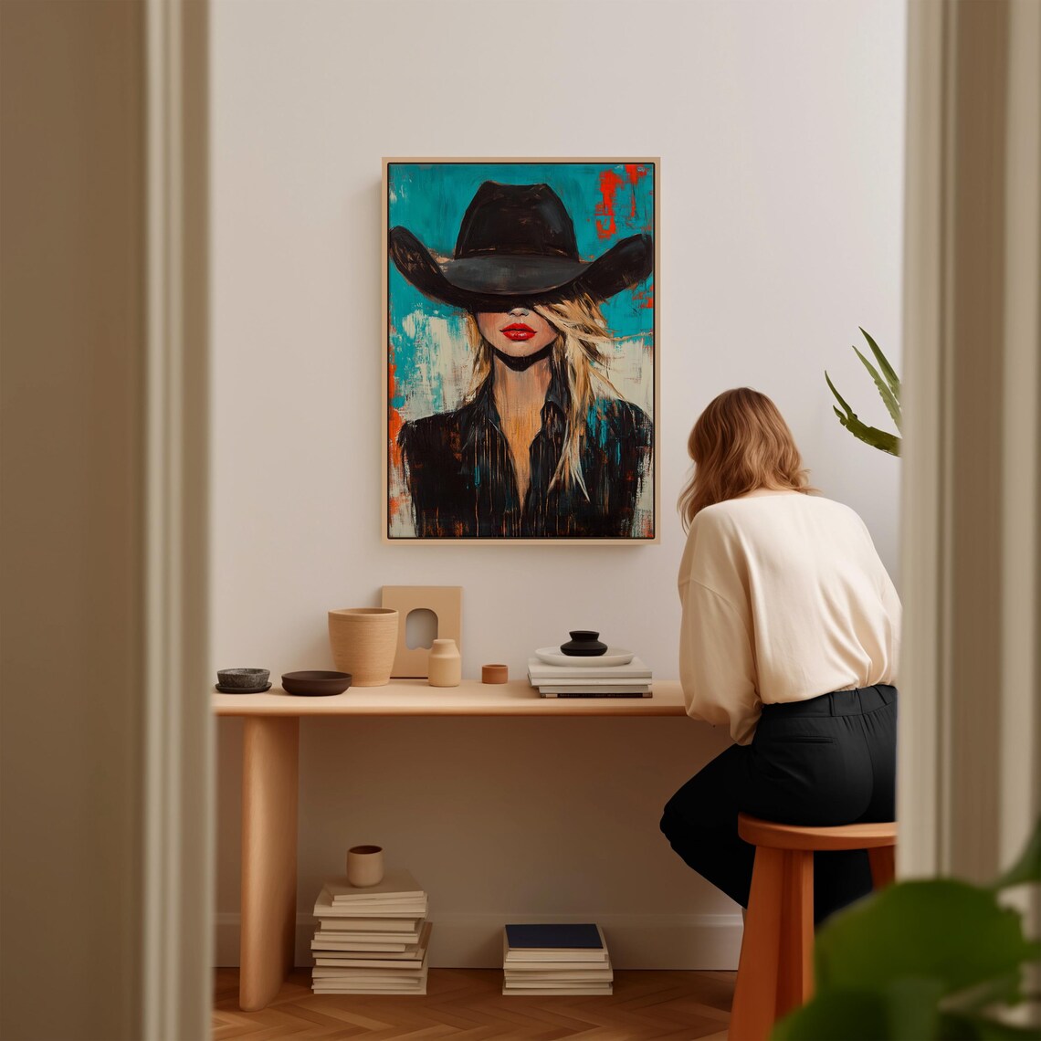 Mysterious Cowgirl in Black Hat Bold Red Lips Modern Western Poster - Image 3