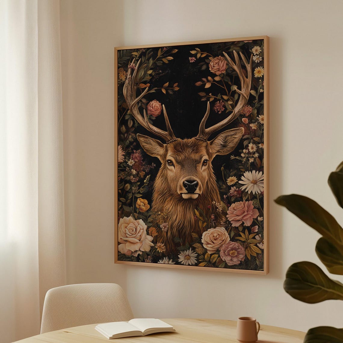 Noble Red Deer Stag Among Peonies Dark Vintage Botanical Poster - Image 4