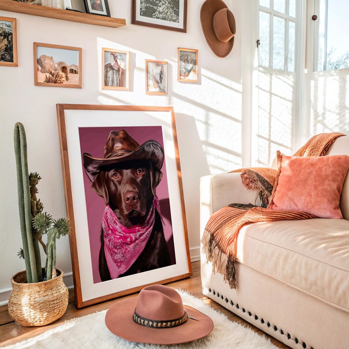 Chocolate Lab Cowboy Hat Pink Bandana Funny Dog Portrait Poster