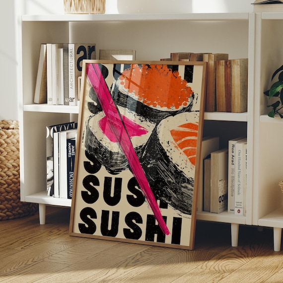 Pop Art Sushi Neon Chopsticks Bold Retro Kitchen Wall Poster