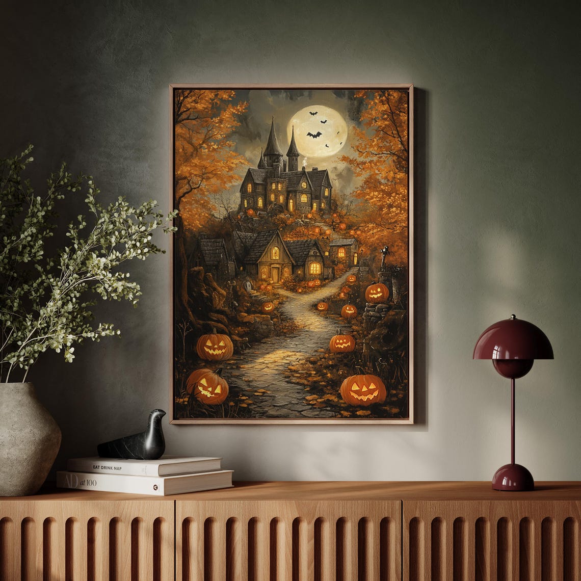 Haunted Halloween Village Jack O Lantern Path Full Moon Night Wall Art