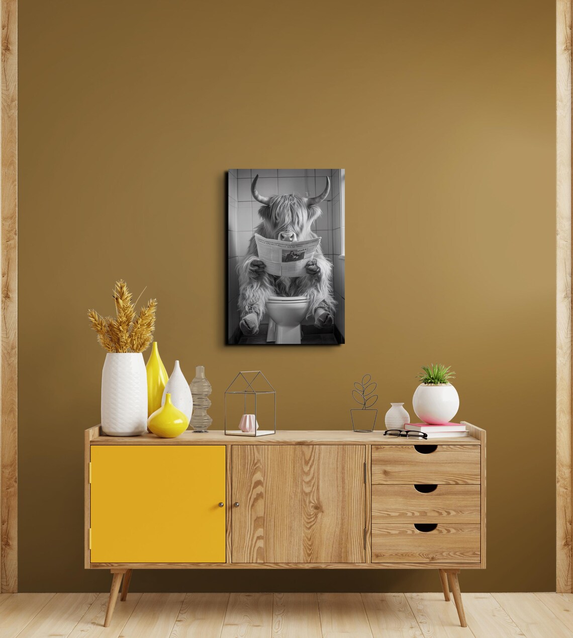Funny Highland Cow On Toilet With Newspaper Bathroom Humor Poster - Image 4
