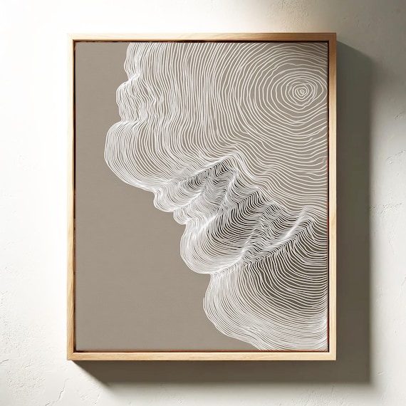 Minimal Line Abstract Art White Contours On Taupe Background
