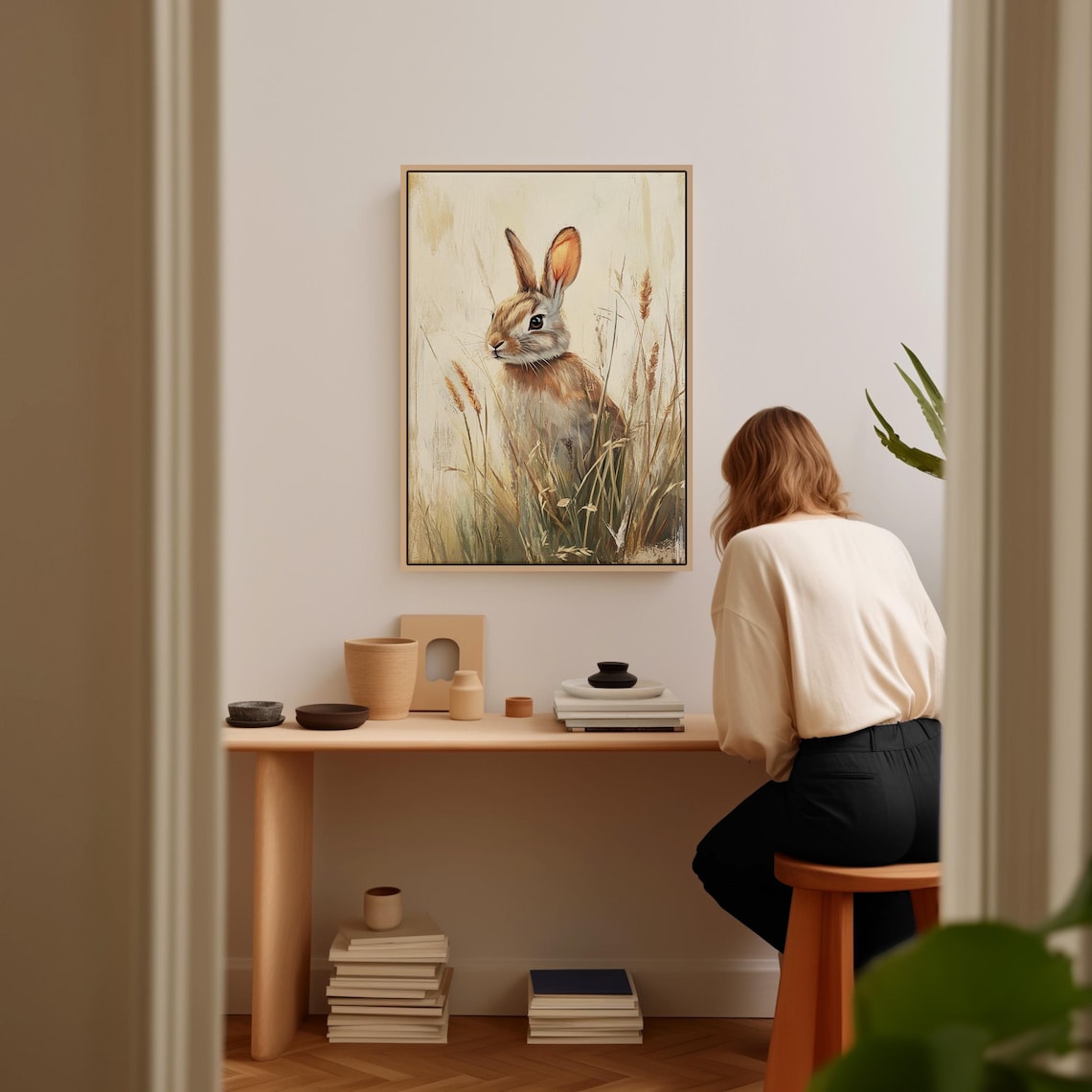 Golden Bunny Among Wheat Stalks in Warm Light Wildlife Painting Wall Art - Image 4