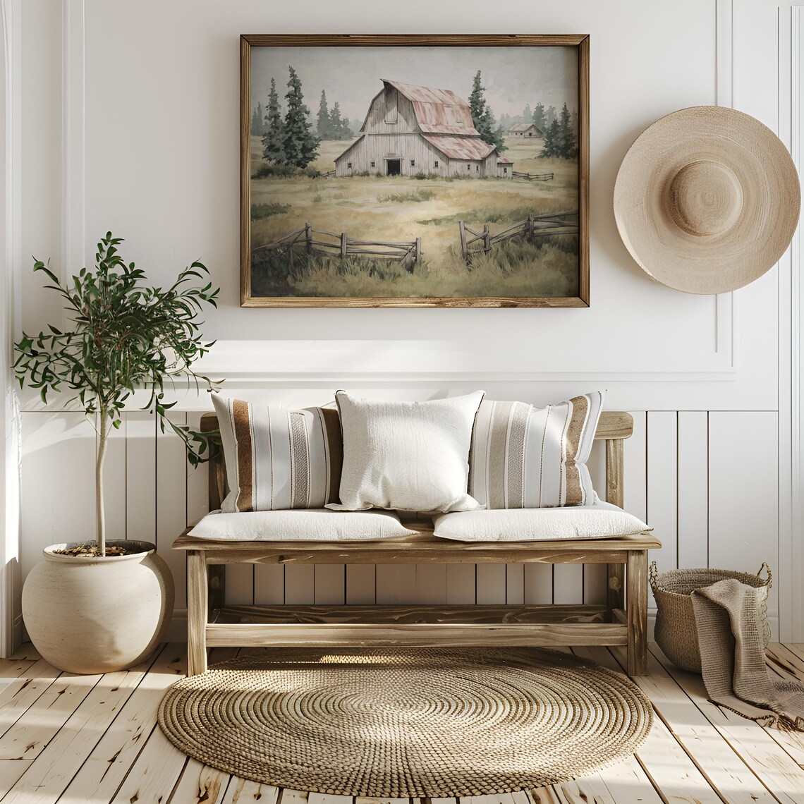 Rustic White Barn with Red Roof Farmhouse Countryside Landscape Poster