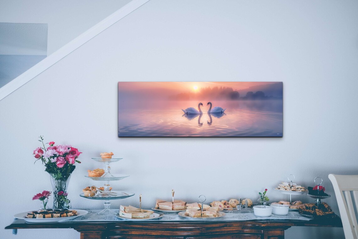 Swan Couple Romantic Art, Coastal Sunset Love - Image 4