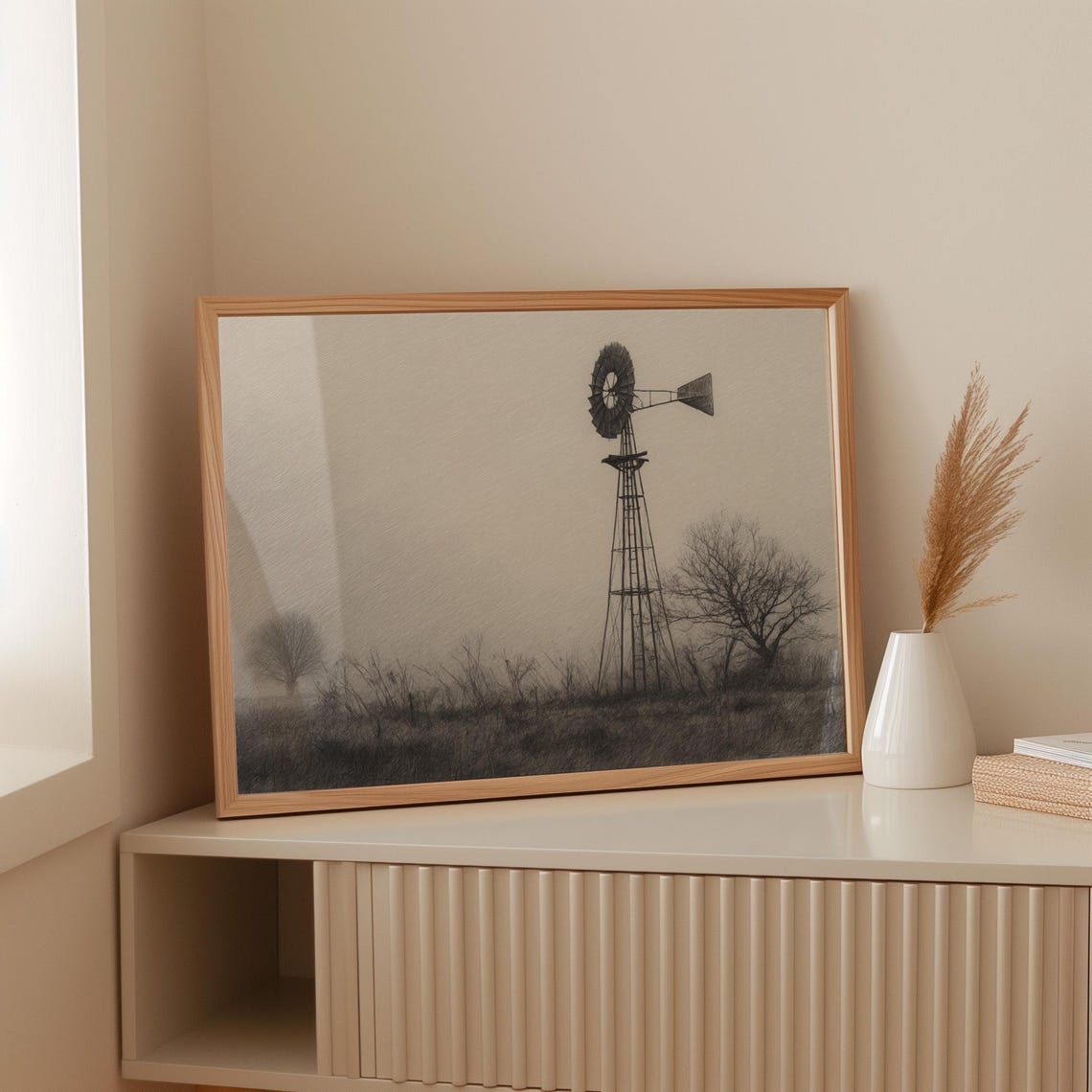 Rustic Windmill Misty Field Vintage Black And White Country Poster