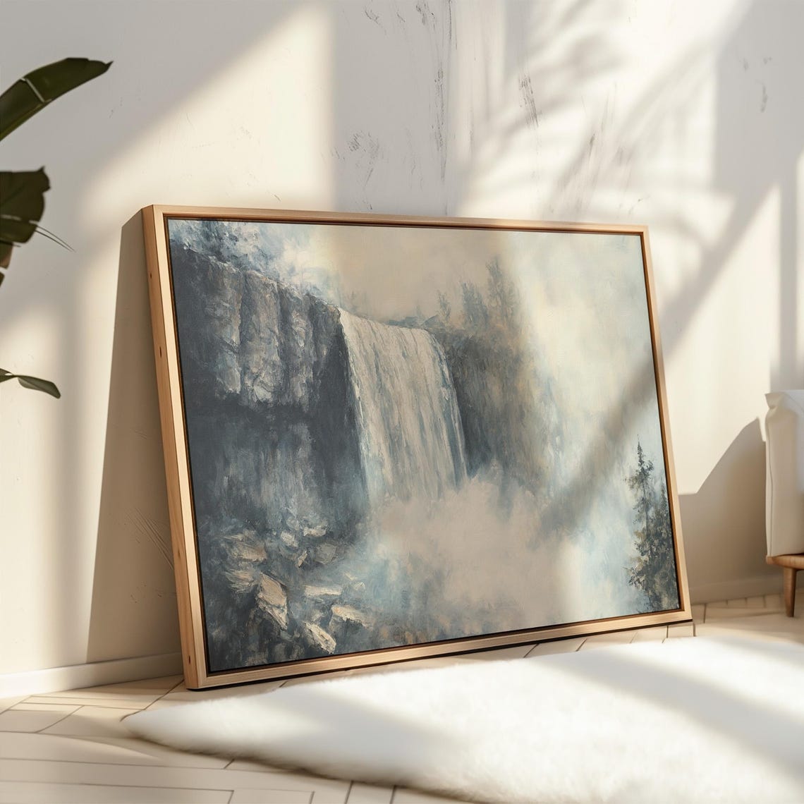 Ethereal Waterfall Misty Landscape Painting Tranquil Nature Wall Art Foggy Forest Print Serene Cascading Waterfall