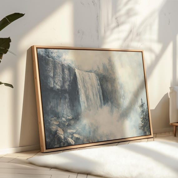 Ethereal Waterfall Misty Landscape Painting Tranquil Nature Wall Art Foggy Forest Print Serene Cascading Waterfall
