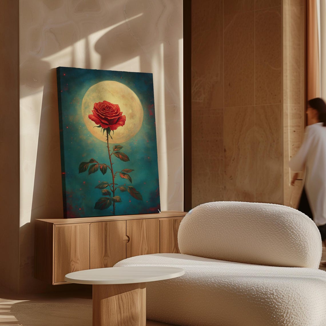 Red Rose Stem Golden Full Moon Teal Night Celestial Bloom Poster - Image 5