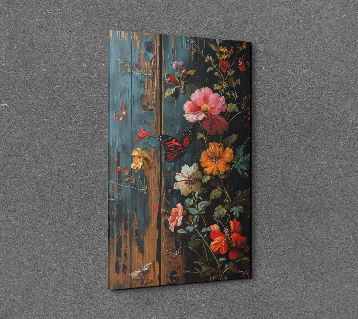 Moody Floral Butterfly Weathered Blue Wood Botanical Wall Art - Image 6