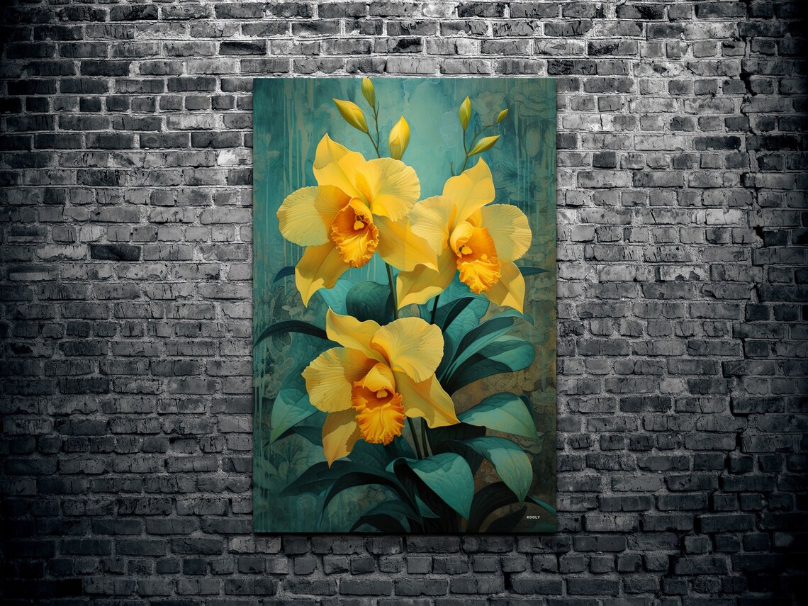 Yellow Orchid Blooms On Teal Background Exotic Floral Art Poster - Image 2