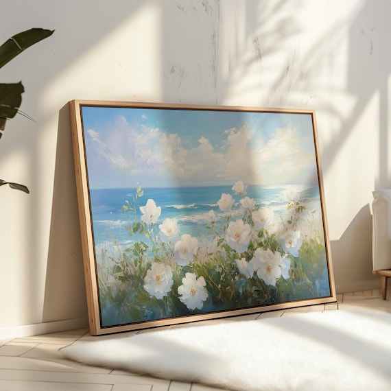 White Roses by the Sea Coastal Floral Ocean Painting Art Print