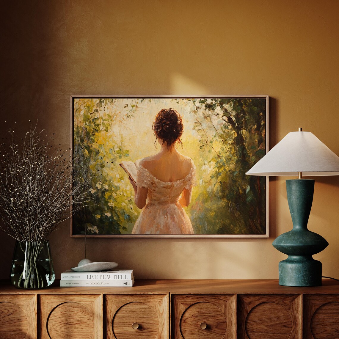 Romantic Woman Reading in Sunlit Garden Vintage Oil Painting Poster