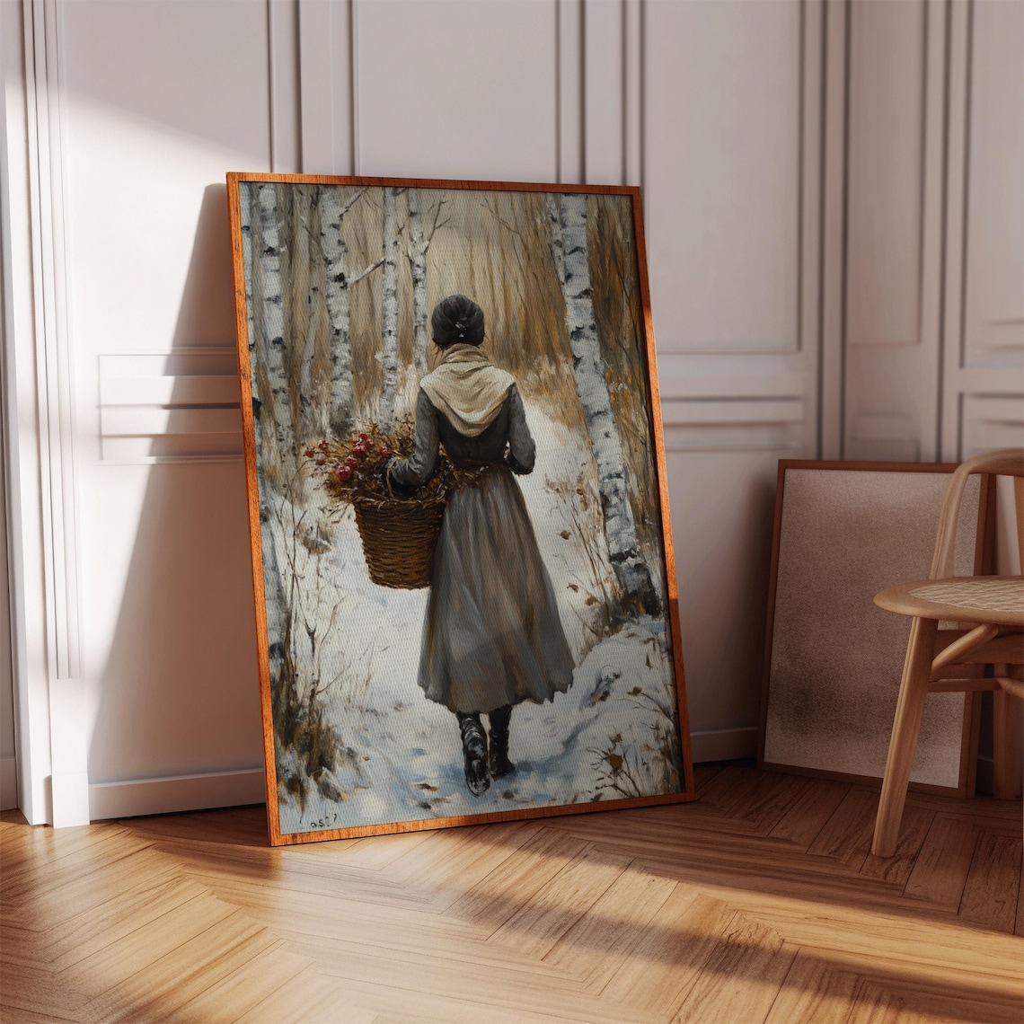 Rustic Winter Woman in Birch Forest, Vintage Art Print