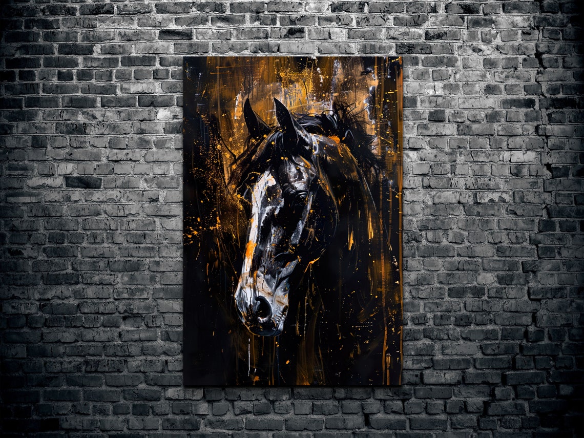Majestic Black Horse Head Gold Splatter Abstract Modern Art Poster - Image 2
