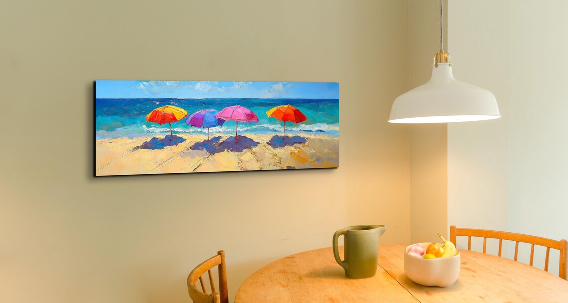 Vibrant Beach Parasols Turquoise Ocean Coastal Panoramic Art Poster - Image 5